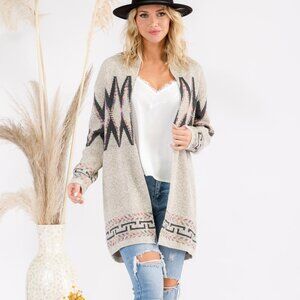 Boho Western Aztec Cardigan Sweater Long Knit Open Front Cozy Fall Jacket